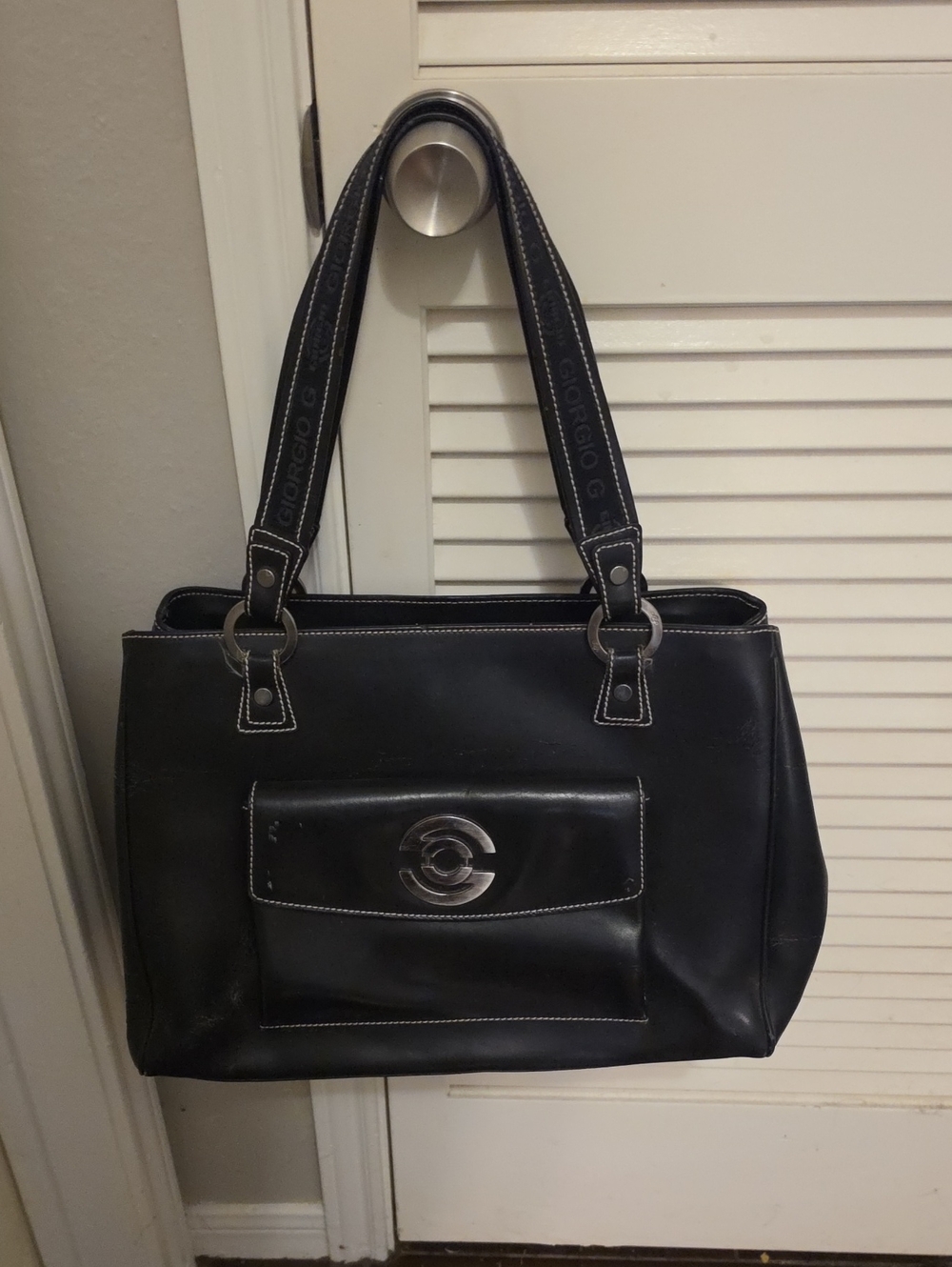 Giorgio Black Leather Tote Bag with Front Pocket